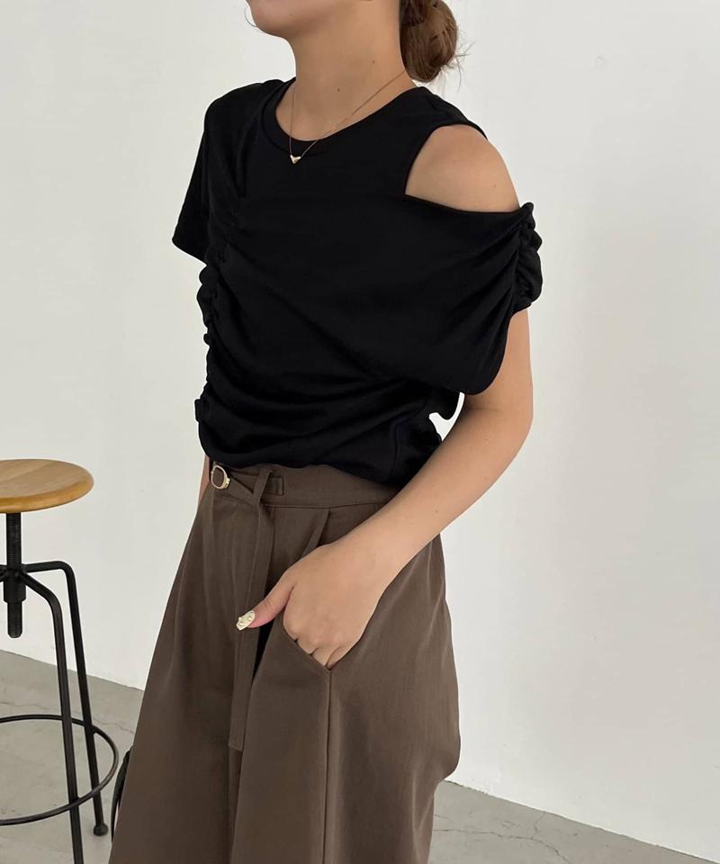 【即完につき再入荷/新色ブラウン】アシメギャザーTシャツ
