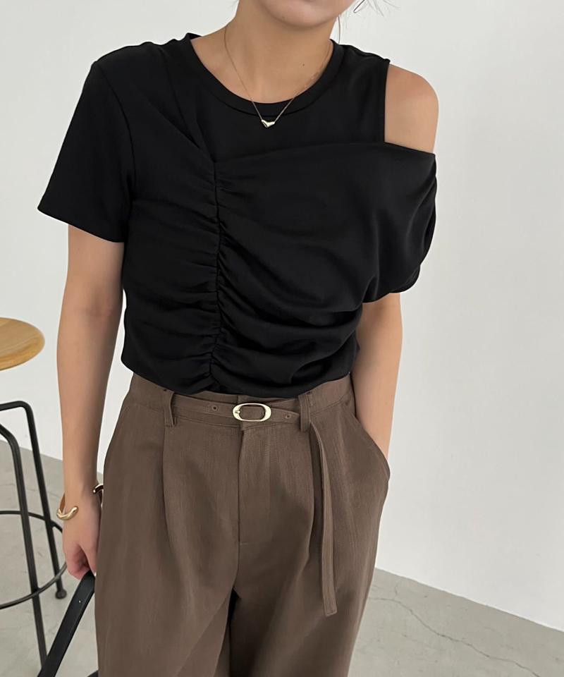 【即完につき再入荷/新色ブラウン】アシメギャザーTシャツ