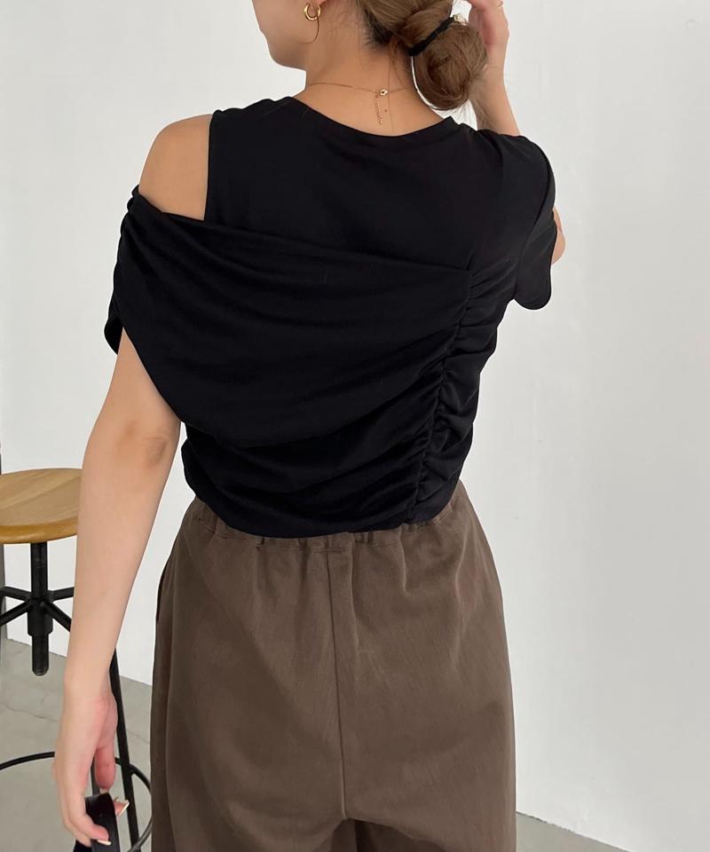 【即完につき再入荷/新色ブラウン】アシメギャザーTシャツ