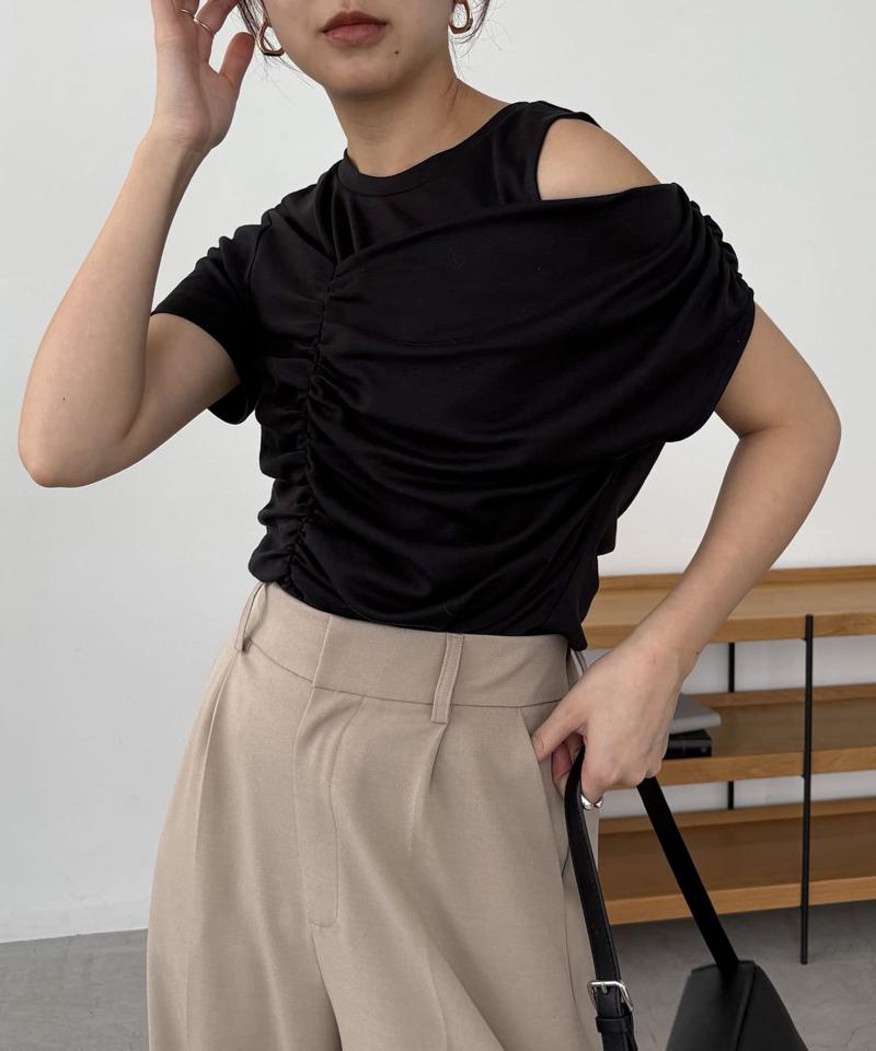 【即完につき再入荷/新色ブラウン】アシメギャザーTシャツ