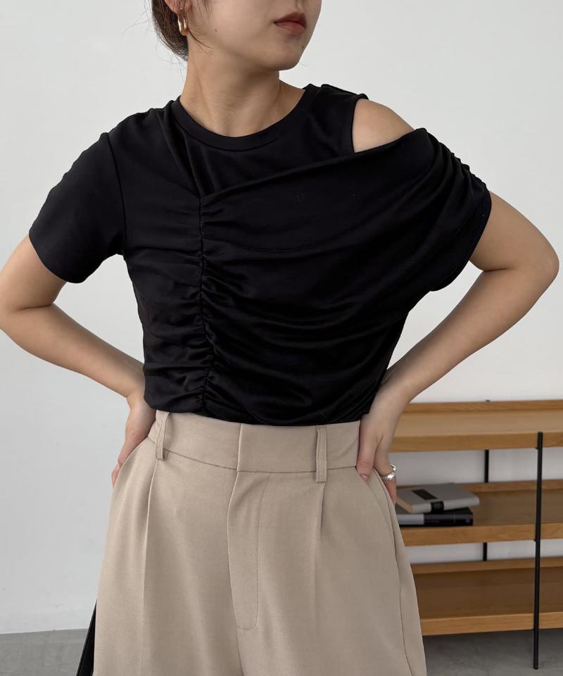 【即完につき再入荷/新色ブラウン】アシメギャザーTシャツ