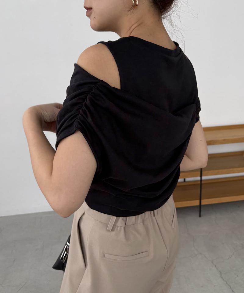 【即完につき再入荷/新色ブラウン】アシメギャザーTシャツ