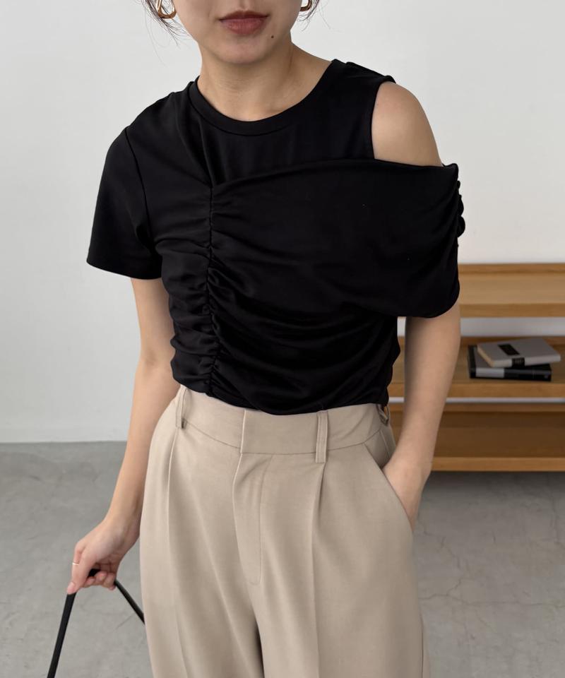 【即完につき再入荷/新色ブラウン】アシメギャザーTシャツ