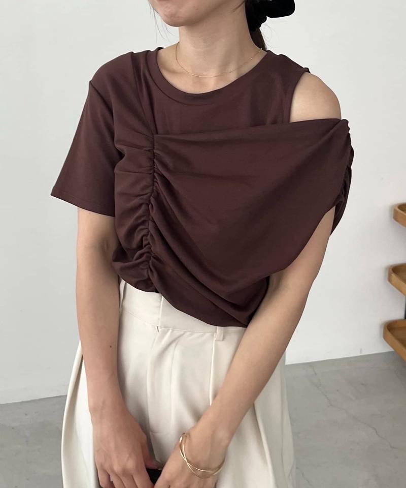 【即完につき再入荷/新色ブラウン】アシメギャザーTシャツ