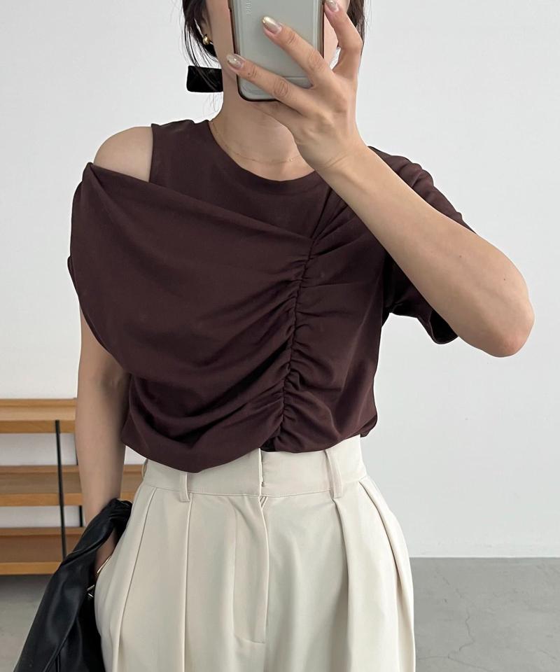 【即完につき再入荷/新色ブラウン】アシメギャザーTシャツ