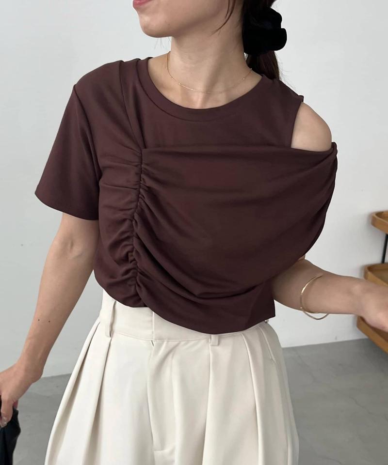 【即完につき再入荷/新色ブラウン】アシメギャザーTシャツ
