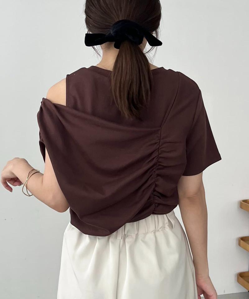 【即完につき再入荷/新色ブラウン】アシメギャザーTシャツ