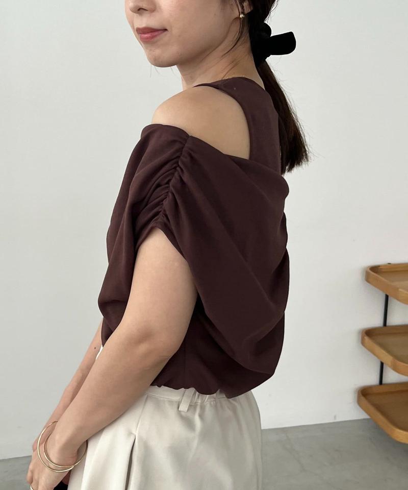 【即完につき再入荷/新色ブラウン】アシメギャザーTシャツ