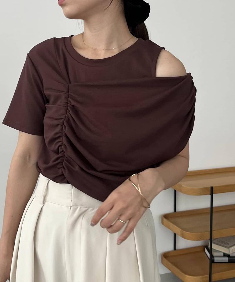 【即完につき再入荷/新色ブラウン】アシメギャザーTシャツ