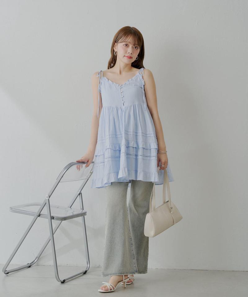 【WEB限定追加】肩リボンコットンレースフリルキャミミニワンピ