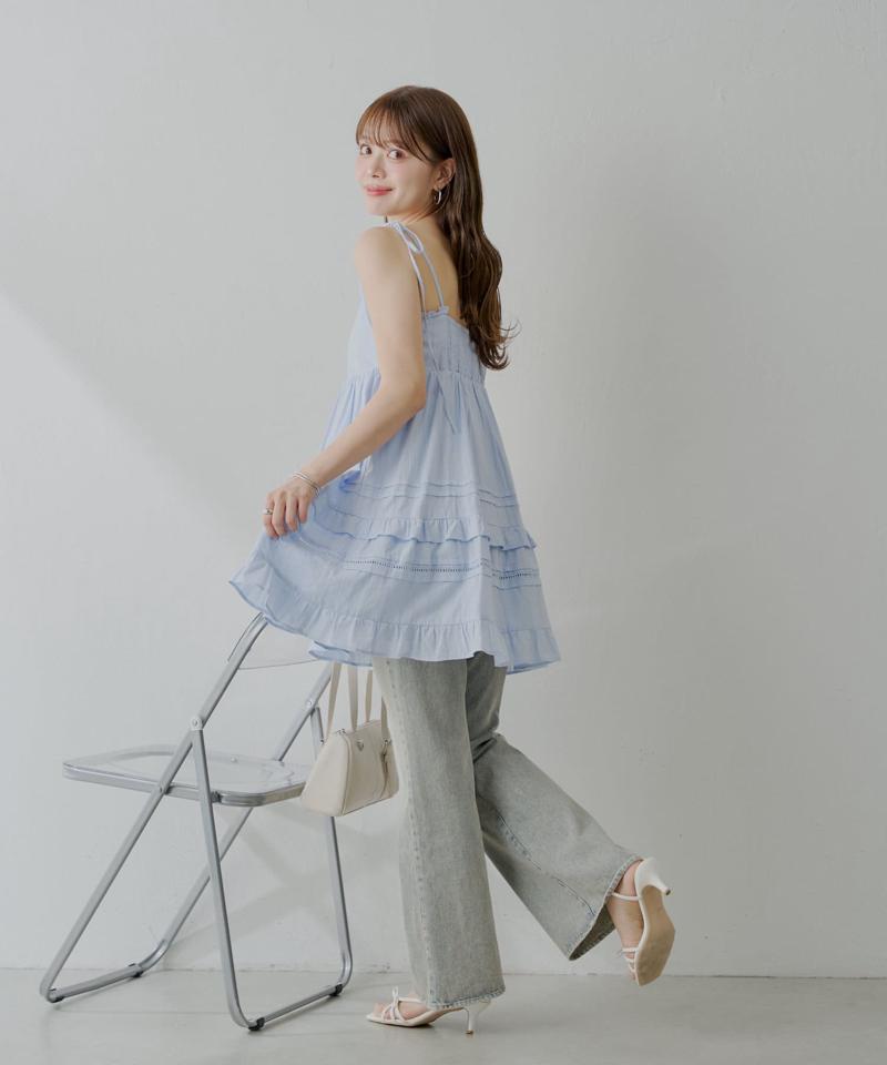 【WEB限定追加】肩リボンコットンレースフリルキャミミニワンピ