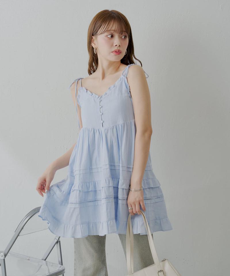 【WEB限定追加】肩リボンコットンレースフリルキャミミニワンピ
