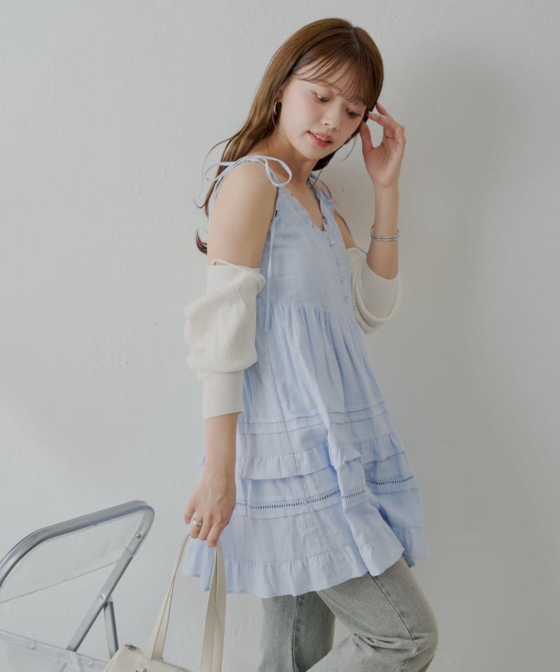 【WEB限定追加】肩リボンコットンレースフリルキャミミニワンピ