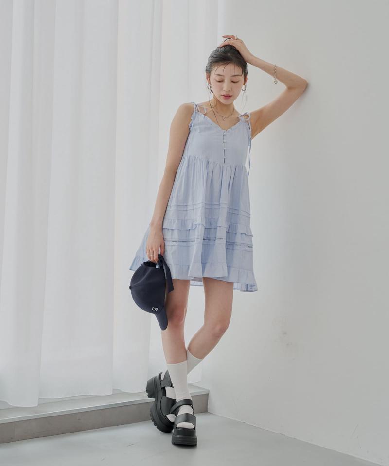 【WEB限定追加】肩リボンコットンレースフリルキャミミニワンピ