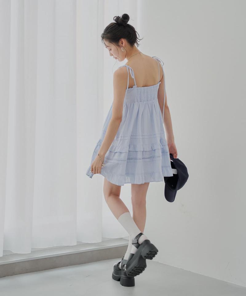 【WEB限定追加】肩リボンコットンレースフリルキャミミニワンピ