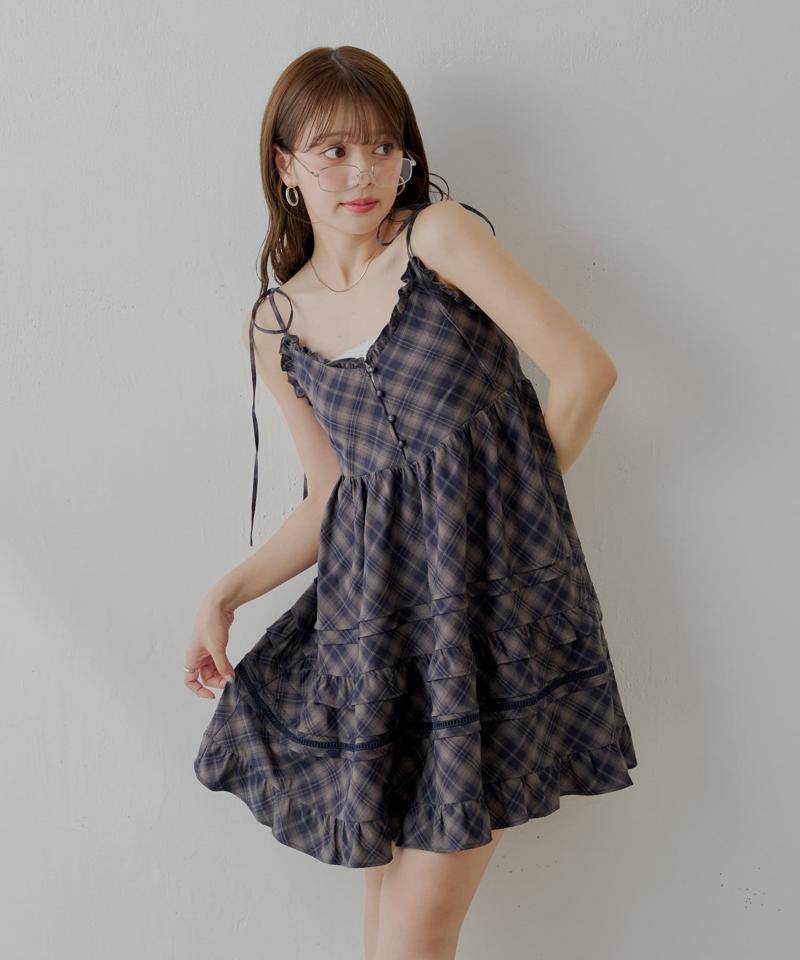 【WEB限定追加】肩リボンコットンレースフリルキャミミニワンピ
