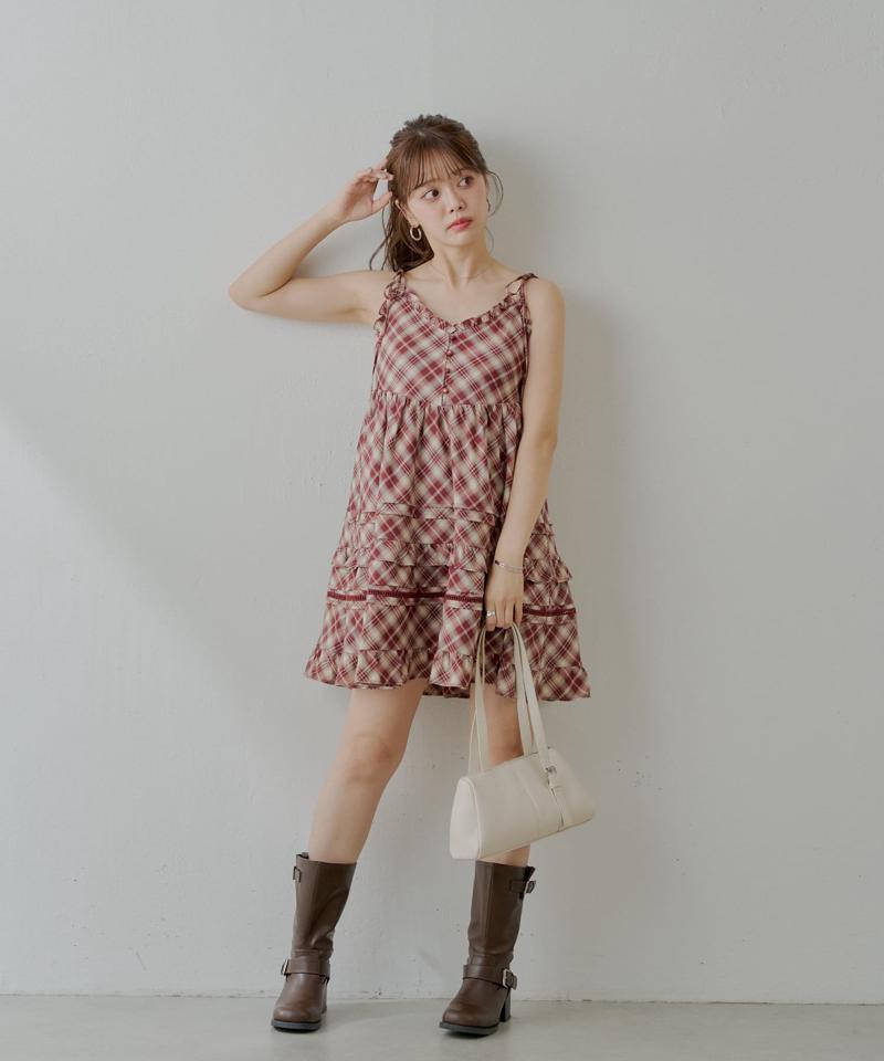 【WEB限定追加】肩リボンコットンレースフリルキャミミニワンピ