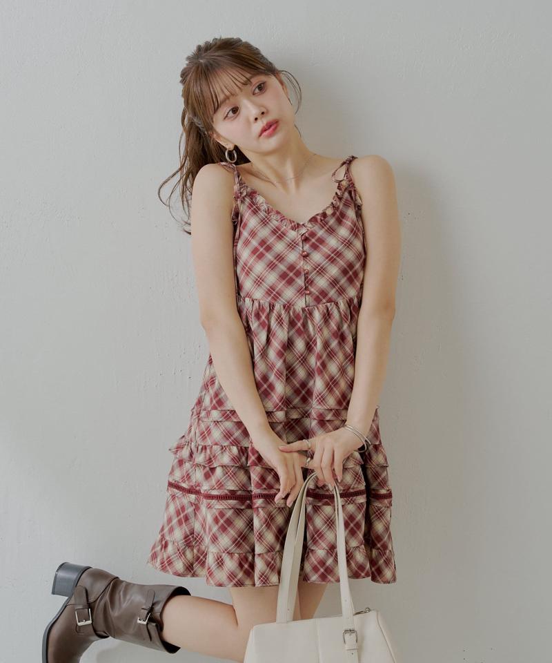 【WEB限定追加】肩リボンコットンレースフリルキャミミニワンピ