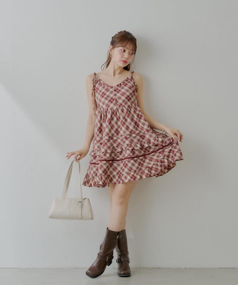 【WEB限定追加】肩リボンコットンレースフリルキャミミニワンピ