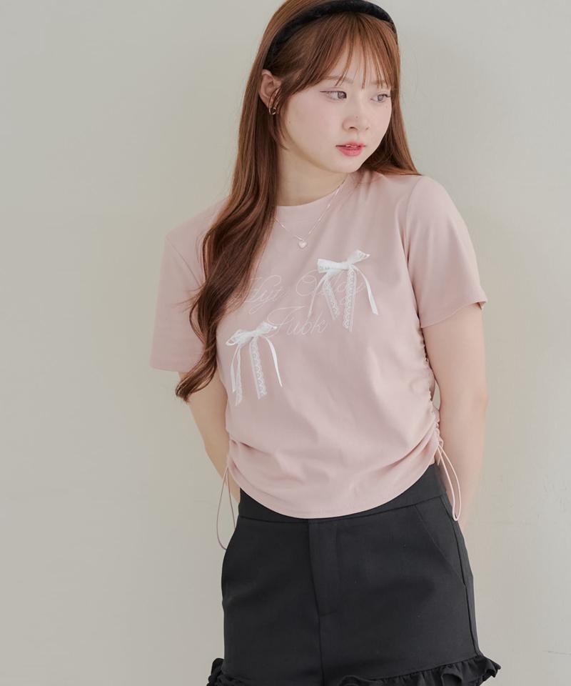 裾ドロストサテンリボンTシャツ