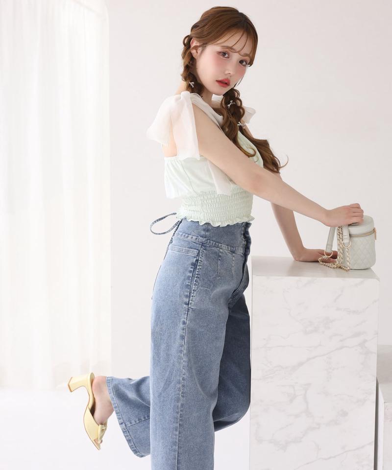 バックレースアップワイドデニムパンツ