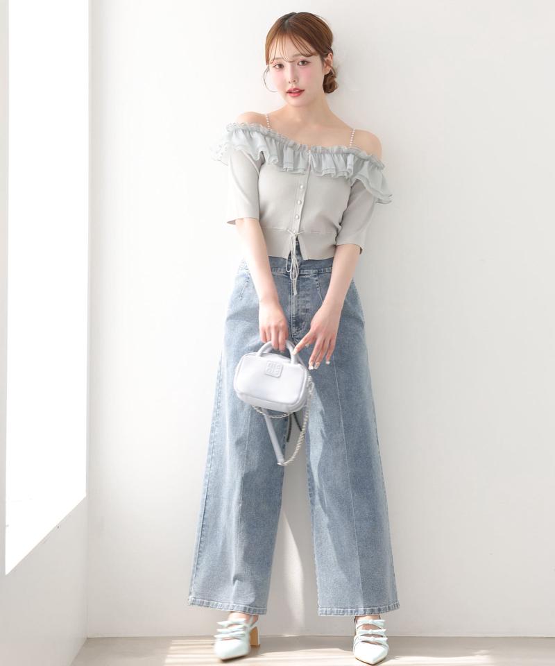バックレースアップワイドデニムパンツ