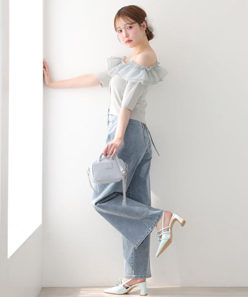バックレースアップワイドデニムパンツ