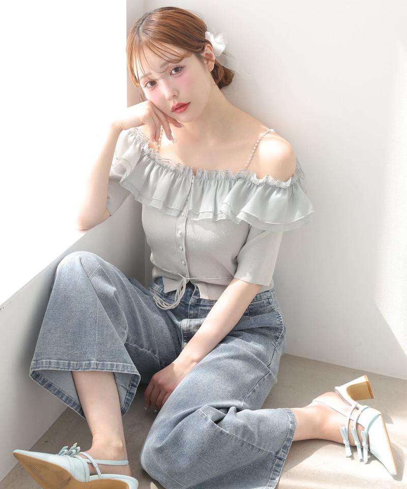 バックレースアップワイドデニムパンツ