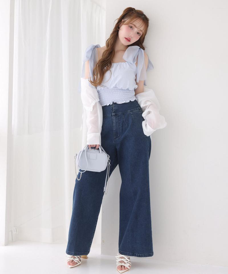 バックレースアップワイドデニムパンツ