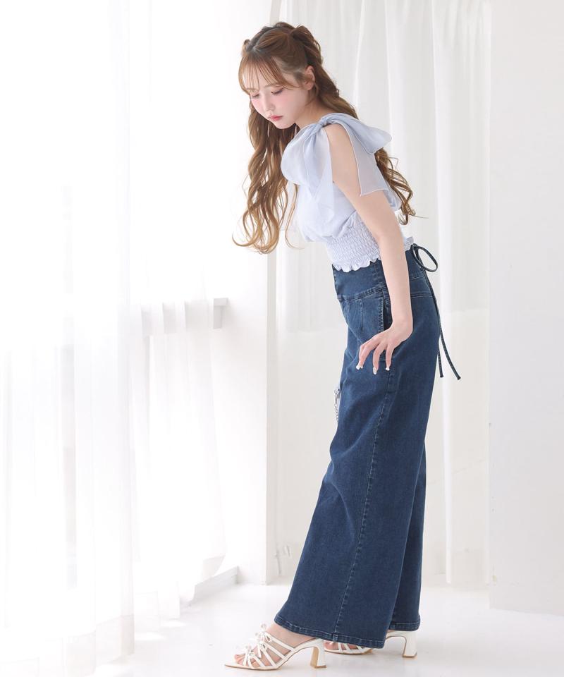 バックレースアップワイドデニムパンツ