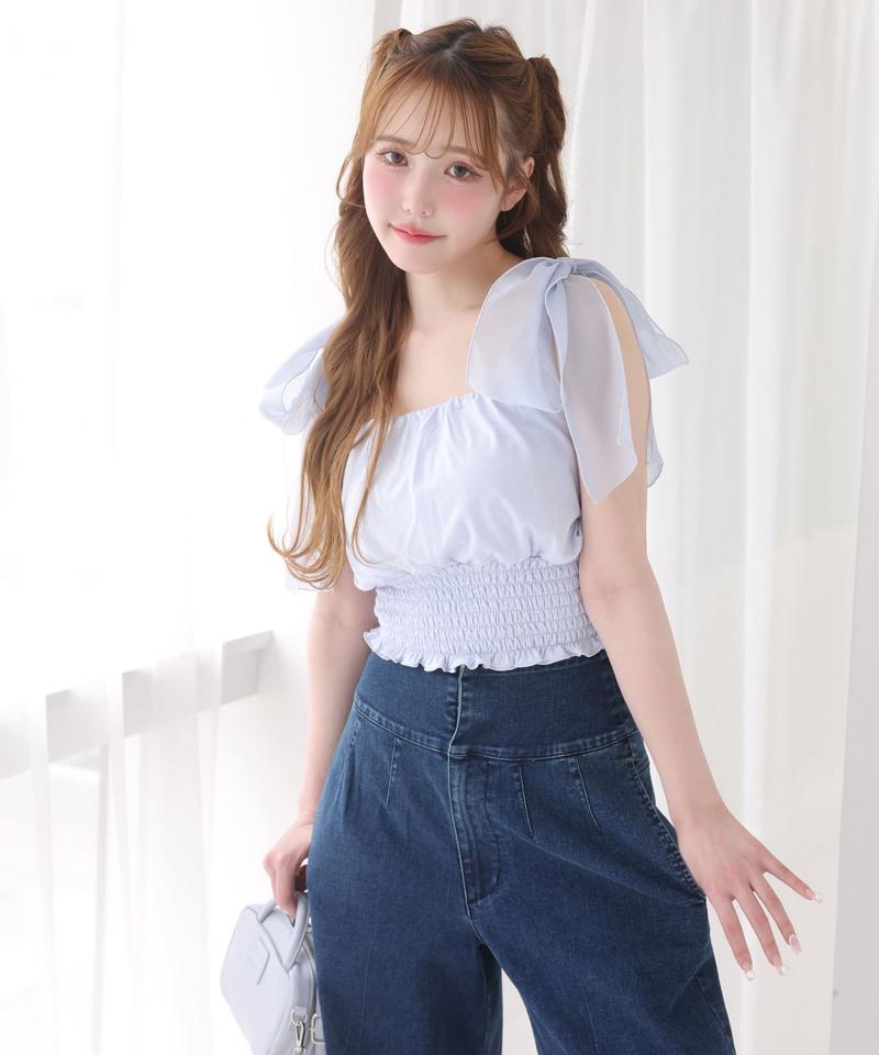 バックレースアップワイドデニムパンツ