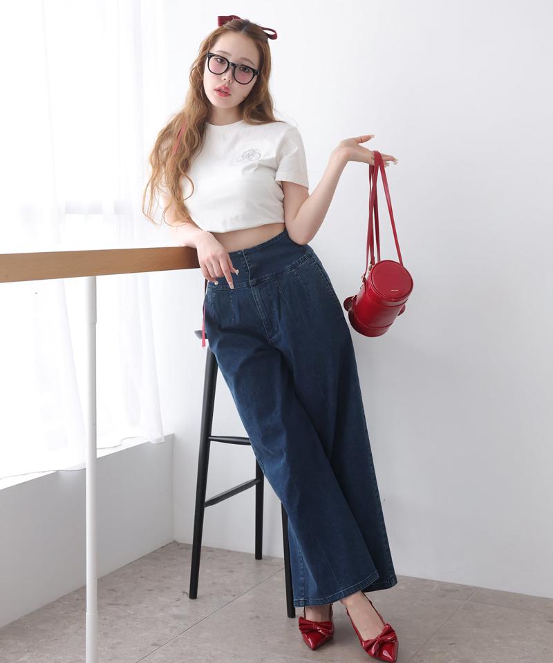 バックレースアップワイドデニムパンツ