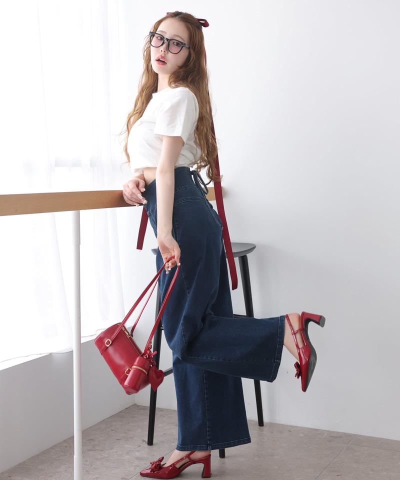 バックレースアップワイドデニムパンツ