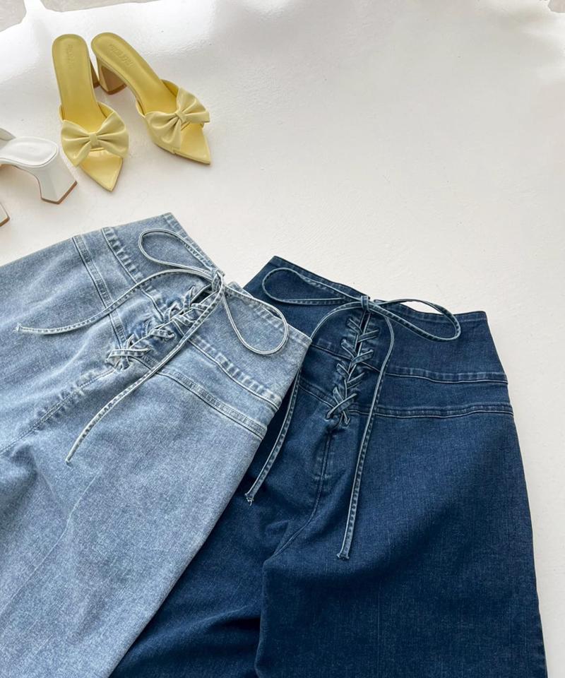 バックレースアップワイドデニムパンツ