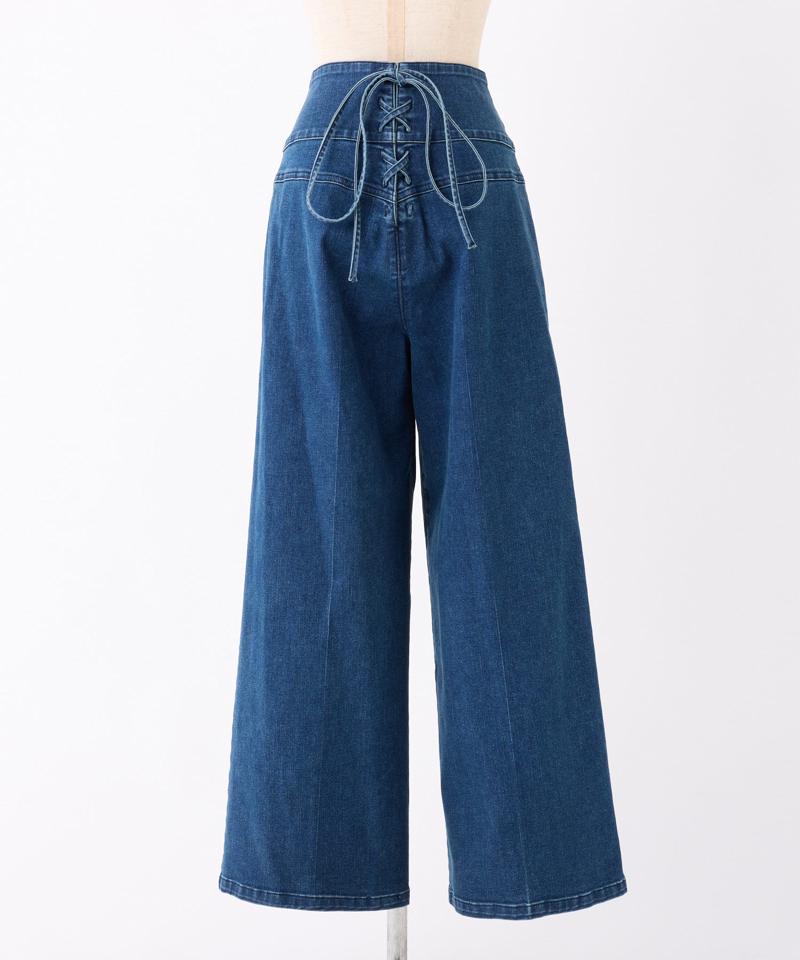 バックレースアップワイドデニムパンツ