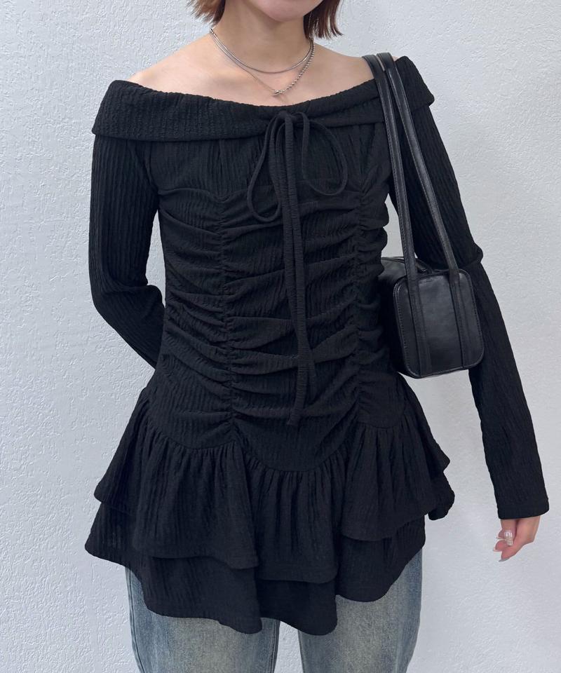 [mline]オフショルシャーリングミニワンピース