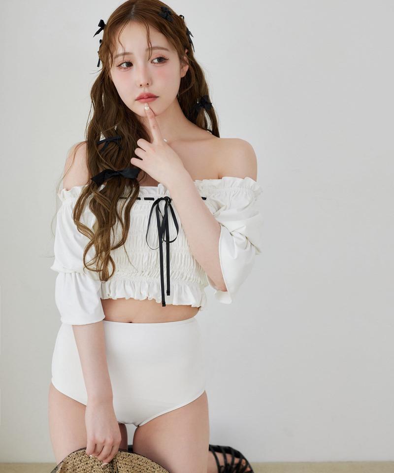 swimwear/シャーリング配色リボン(3点セット)