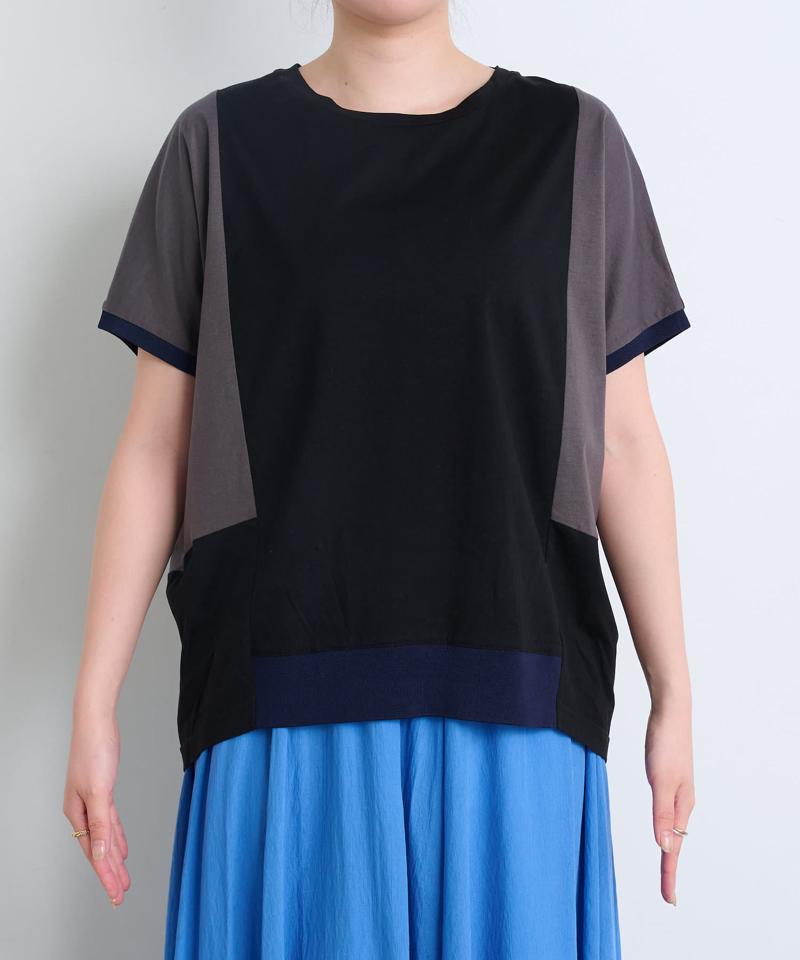 【体型カバー／1枚で決まる配色Tシャツ】バックライン配色カットソー