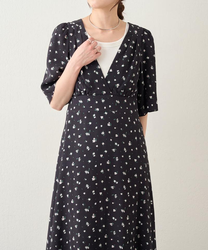 《スタイルアップ効果》ハイウエスト切替プリントマキシドレス
