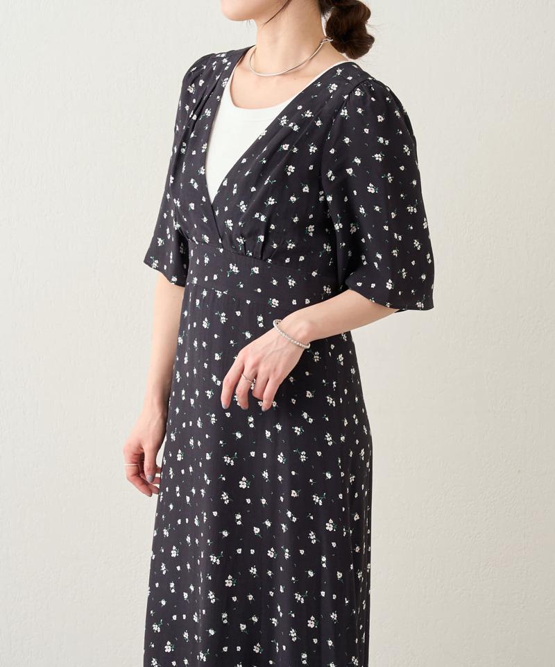 《スタイルアップ効果》ハイウエスト切替プリントマキシドレス