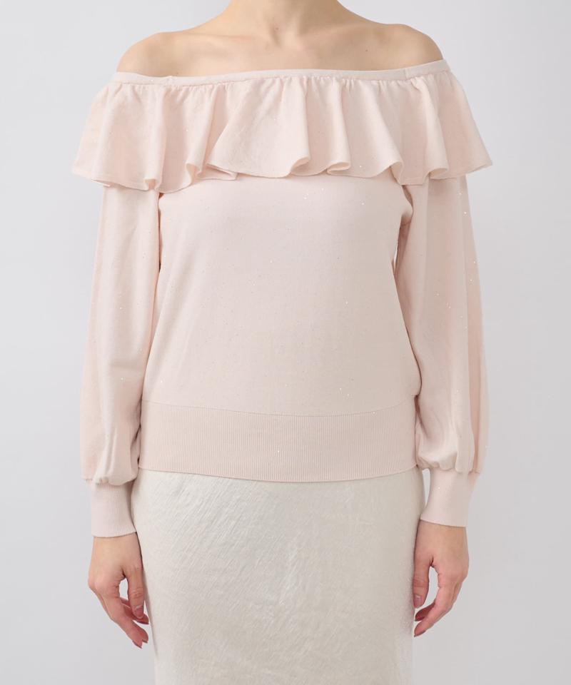 【La boutique BonBon】スパンコールラッフルオフショルニット