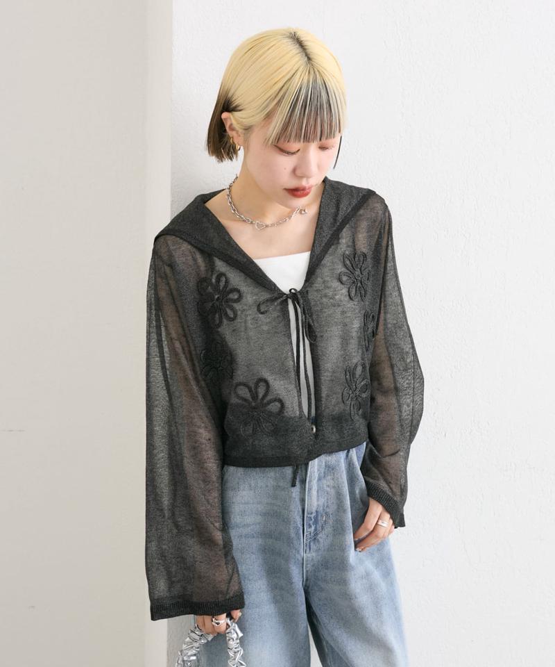 コード刺繍シアーセーラーカーデ