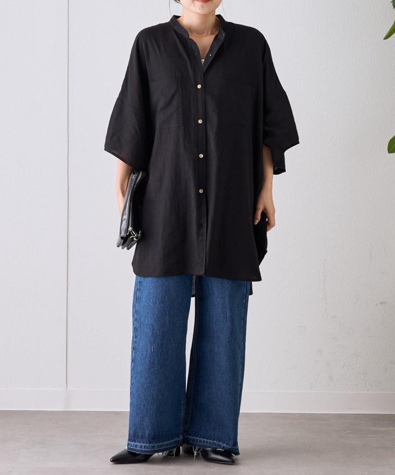 【夏の体型カバー】リネンレーヨンドルマンシャツ