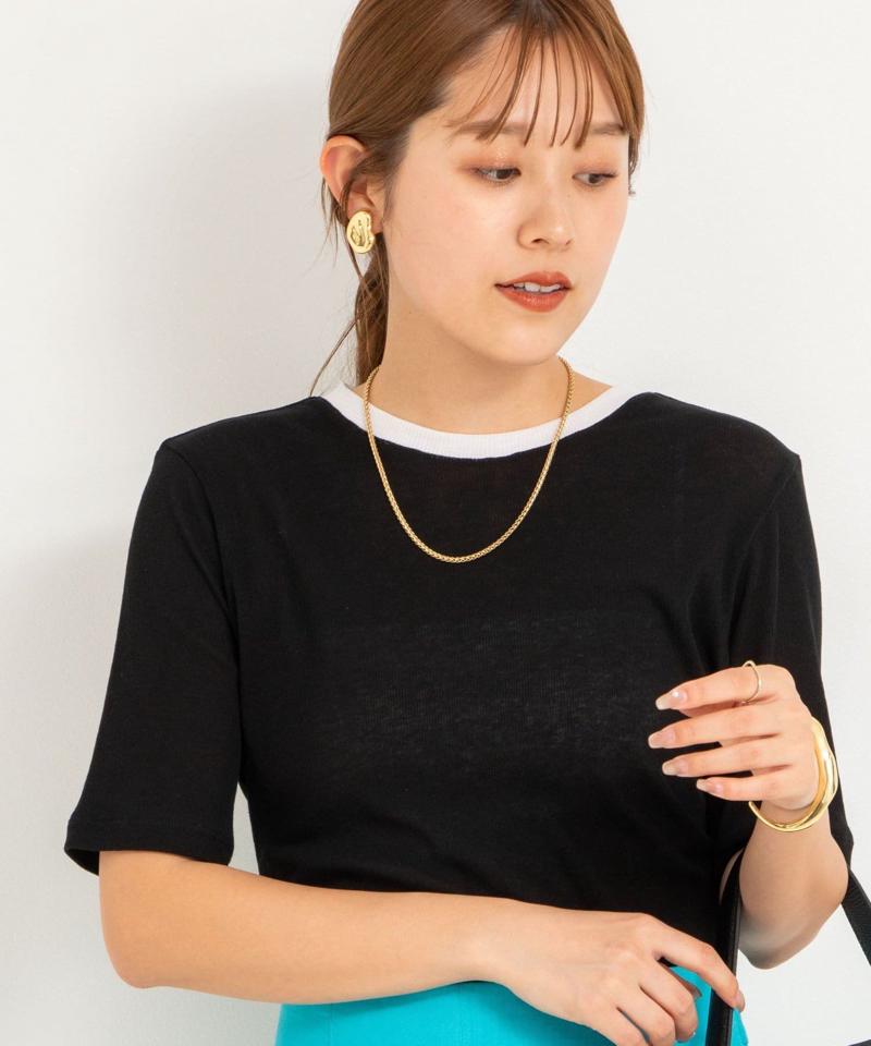 シアー配色トリミング半袖Tシャツ