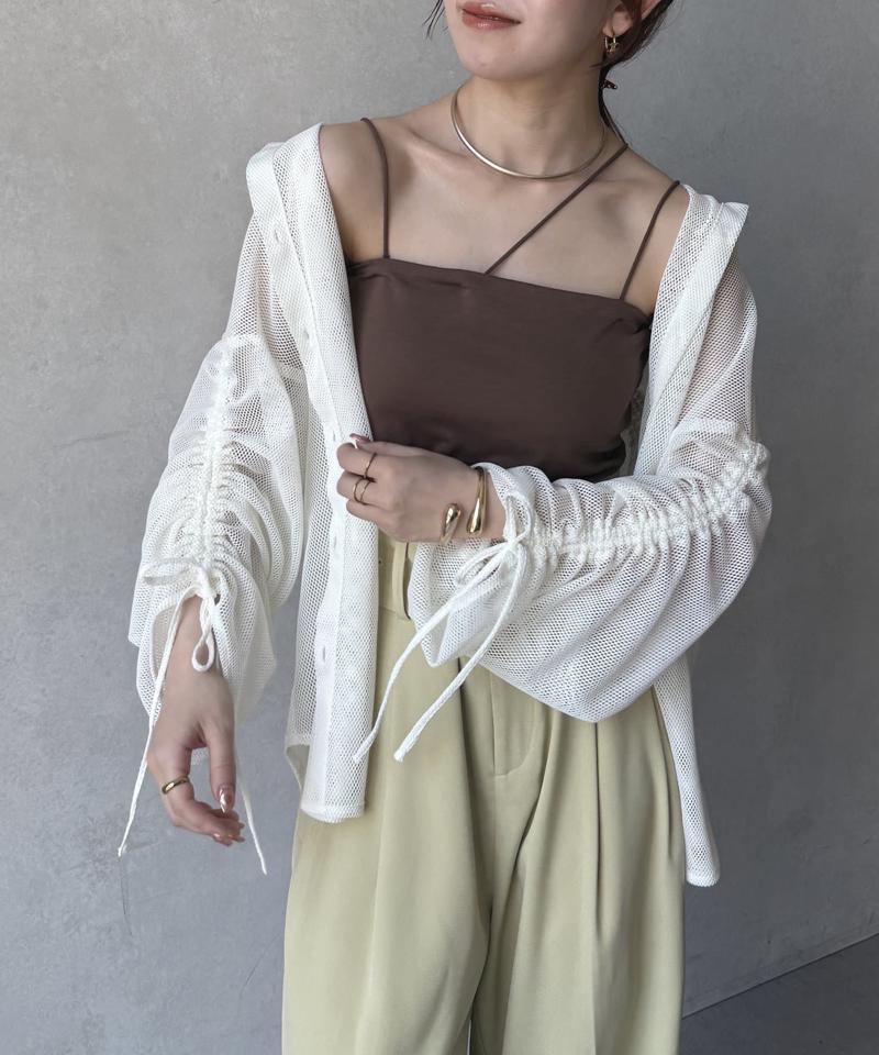 袖シャーリングメッシュシアーシャツ