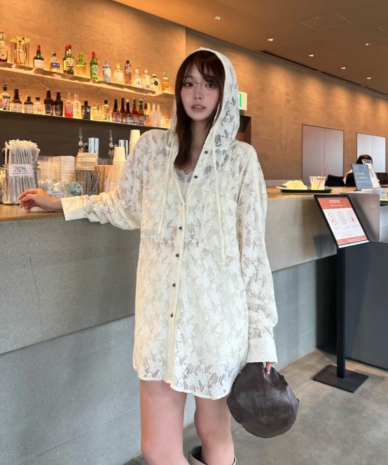 【今買って秋まで使える】オーバーサイズフード付きチェック/レースシャツ