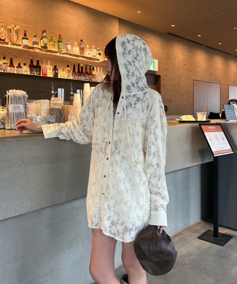 【今買って秋まで使える】オーバーサイズフード付きチェック/レースシャツ