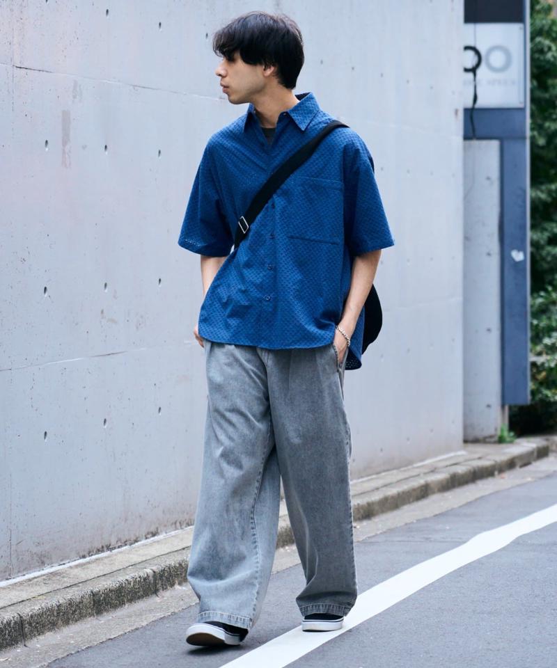 接触冷感2タックデニムワイドスラックス