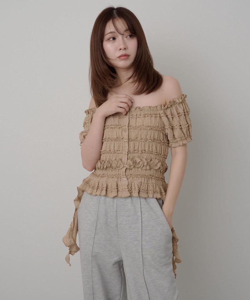 サイドフリルオフショルTシャツ