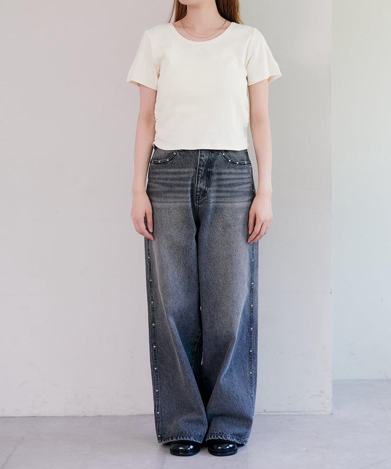 【セットアップ対応/低身長サイズ/2サイズ展開/ウエスト調節可】スタッズデニムパンツ